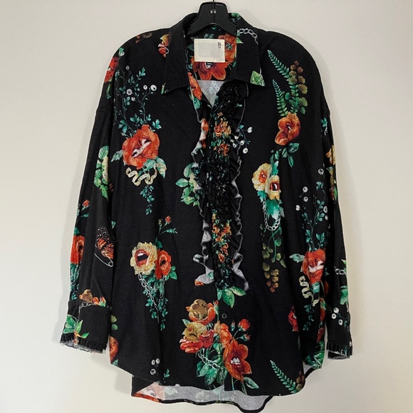 R13 Oversize Black Floral Flannel Drop Neck Tuxedo Shirt Oversized One Size - Picture 1 of 10